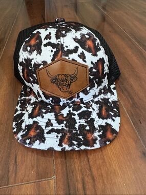 Dani Morgan Cowhide Print Trucker Hat with Brown Leather Patch -